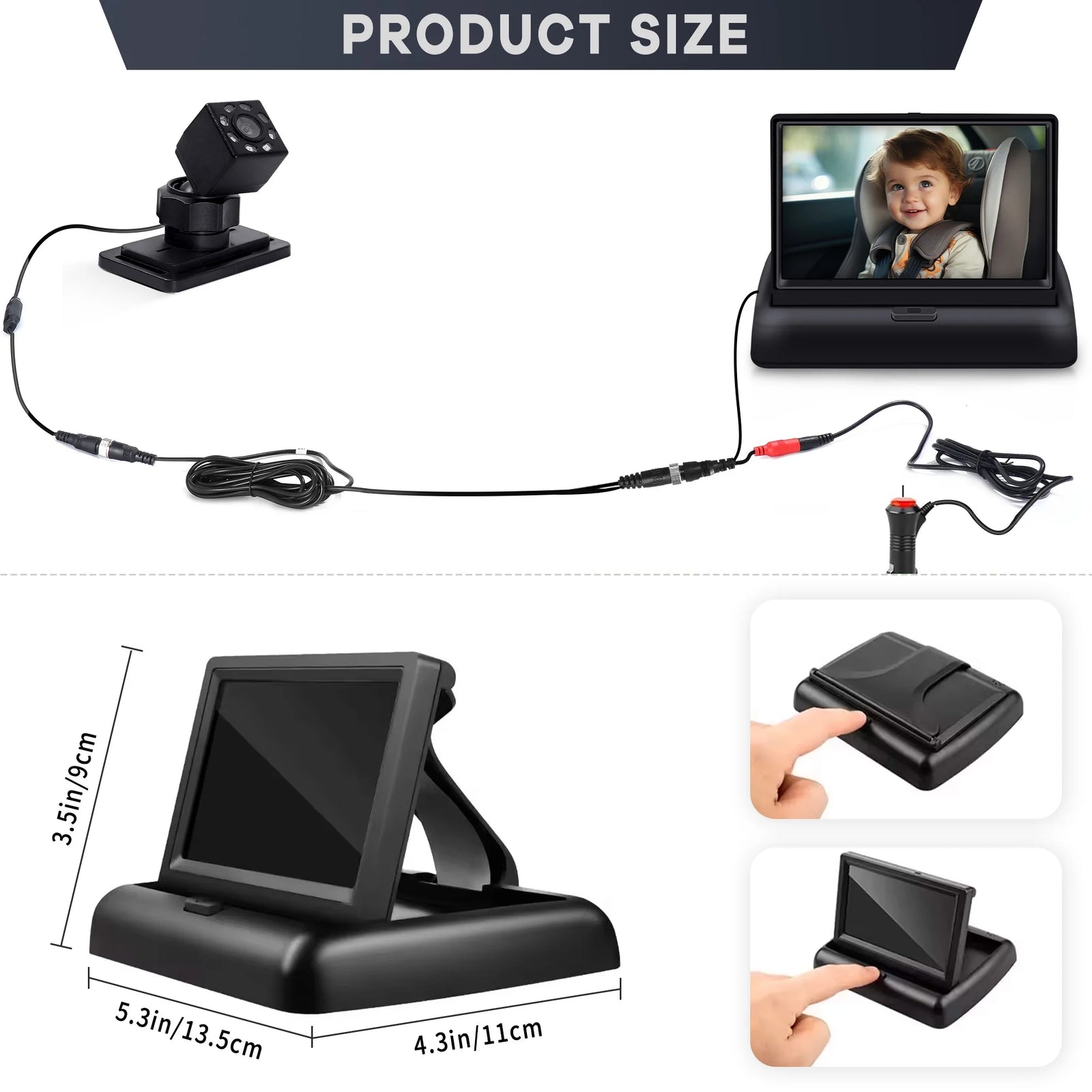 Baby Car Camera,  4.3'' HD Night Vision Function Car Mirror Display, 360° Adjustable Safety Car Seat Mirror Camera Monitored Mirror with Wide Clear View, Easily Observe Baby’S Move