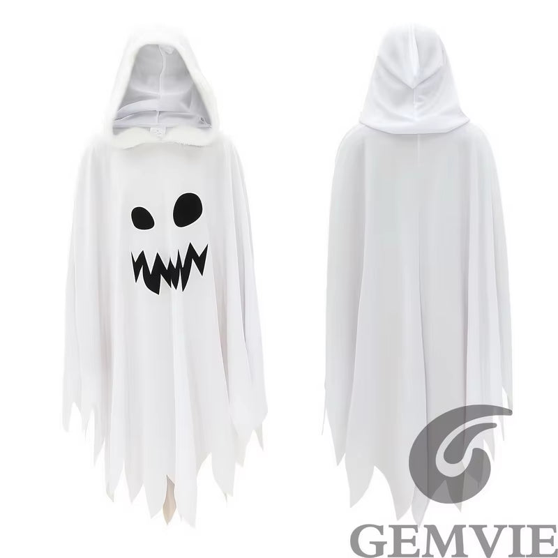 Halloween White Ghost Costume for Girls Glow in the Dark Cloak with Hood Children Elf Cosplay Cape for Party