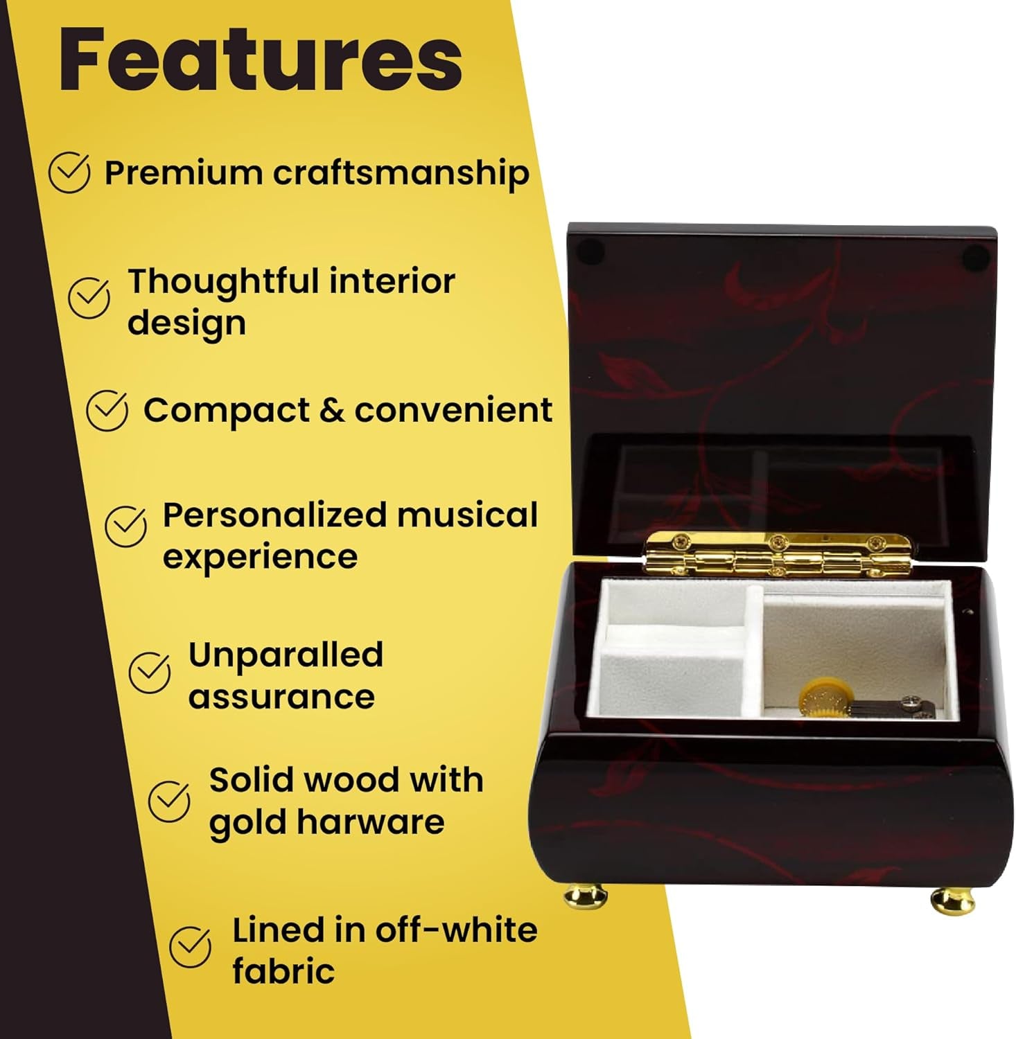 Stunning Burgundy Beveled Top Music Jewelry Box with Artistic Floral Motif- Many Songs to Choose