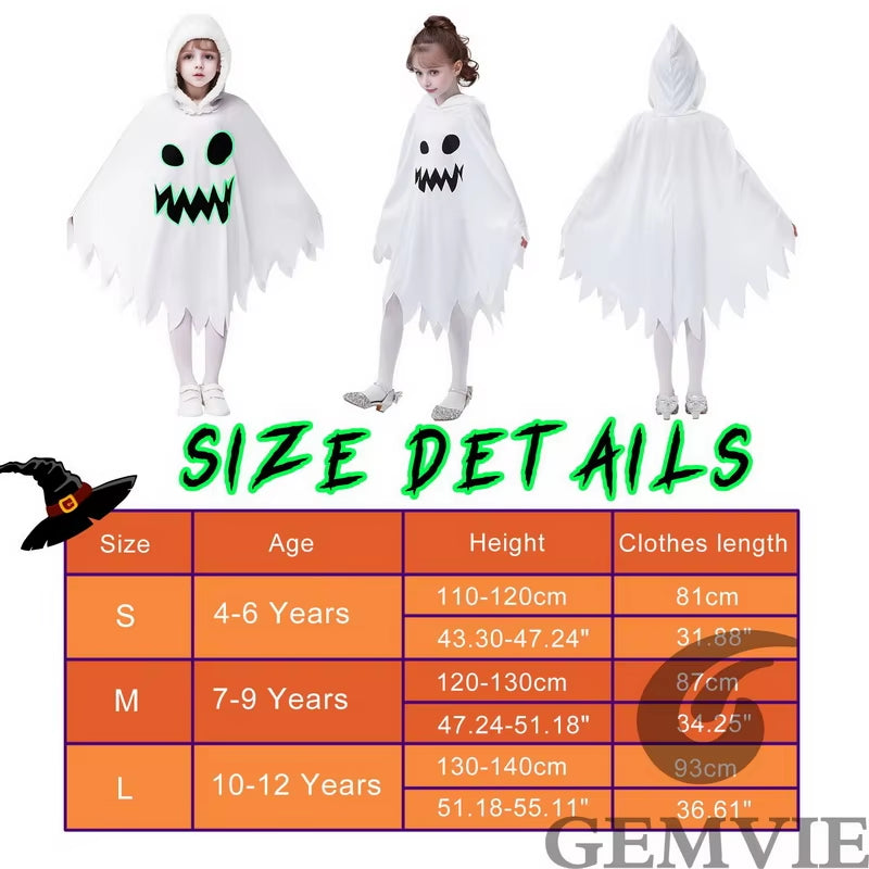 Halloween White Ghost Costume for Girls Glow in the Dark Cloak with Hood Children Elf Cosplay Cape for Party