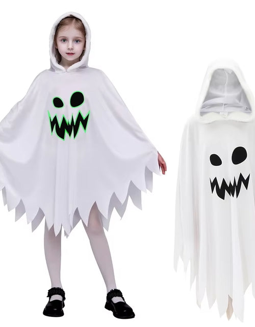 Load image into Gallery viewer, Halloween White Ghost Costume for Girls Glow in the Dark Cloak with Hood Children Elf Cosplay Cape for Party
