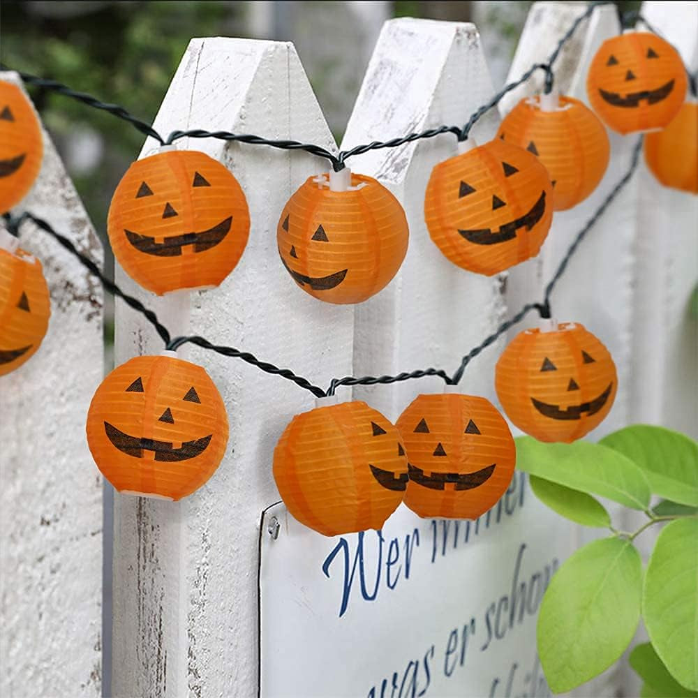 Halloween Pumpkin Lantern String Lights, 8.5Ft Orange Pumpkin String Lights with 10 Nylon Jack Smiling Face Lanterns, Halloween Lantern Lights for Indoor Outdoor Halloween Party Decor