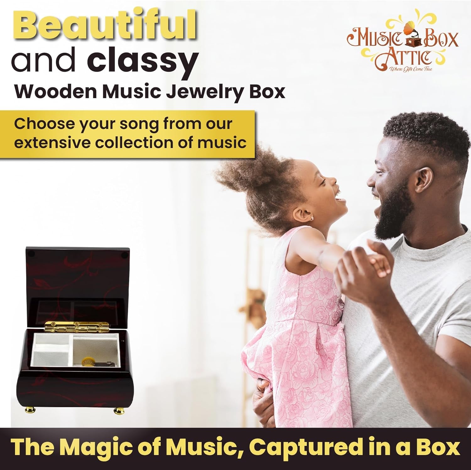 Stunning Burgundy Beveled Top Music Jewelry Box with Artistic Floral Motif- Many Songs to Choose