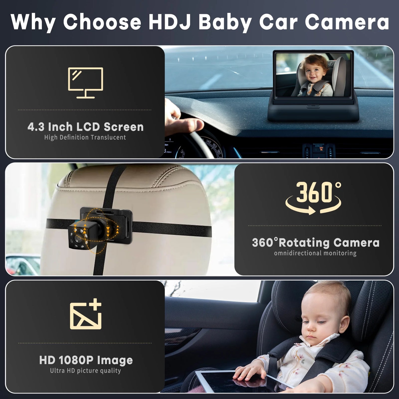 Baby Car Camera,  4.3'' HD Night Vision Function Car Mirror Display, 360° Adjustable Safety Car Seat Mirror Camera Monitored Mirror with Wide Clear View, Easily Observe Baby’S Move