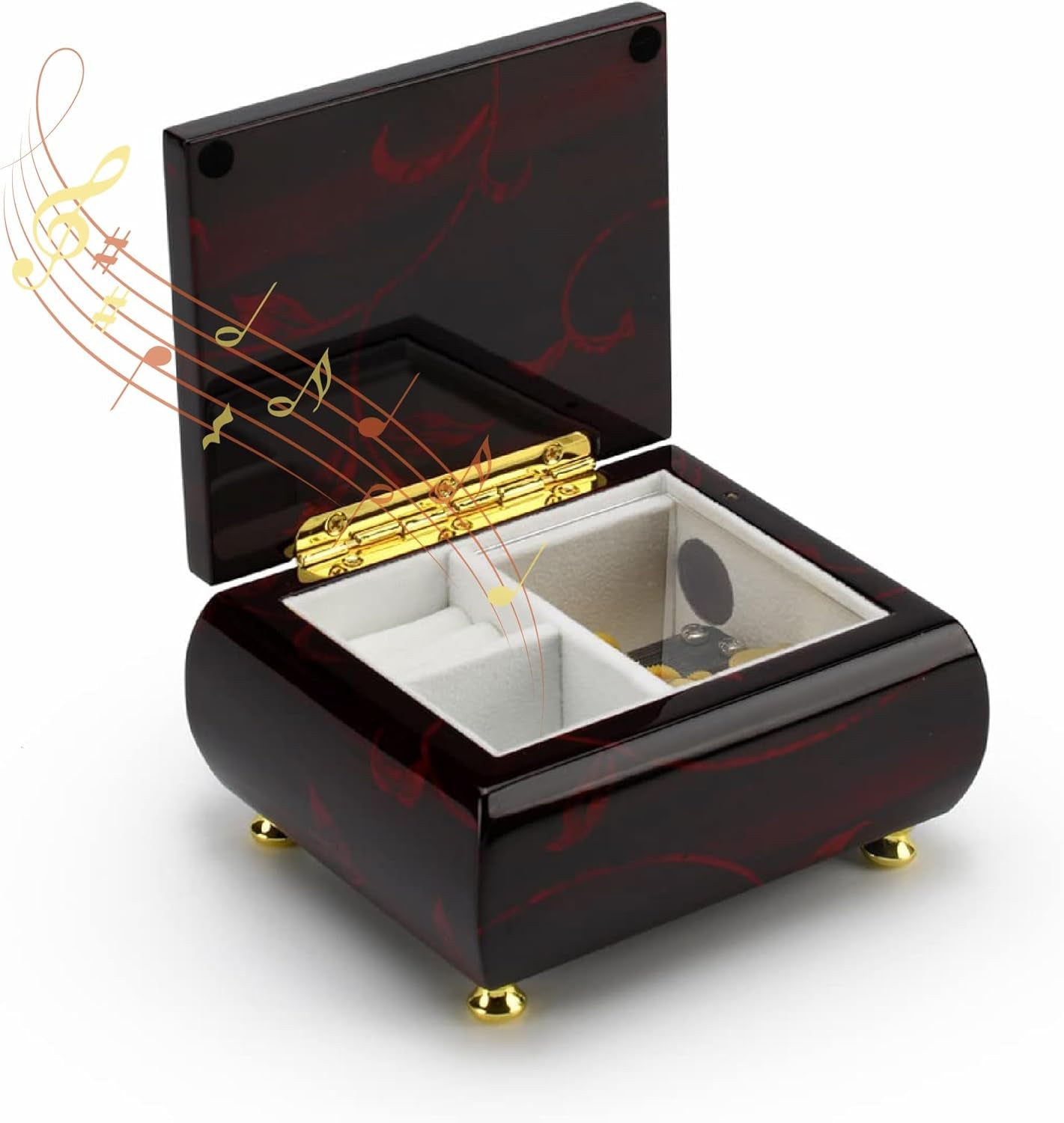 Stunning Burgundy Beveled Top Music Jewelry Box with Artistic Floral Motif- Many Songs to Choose