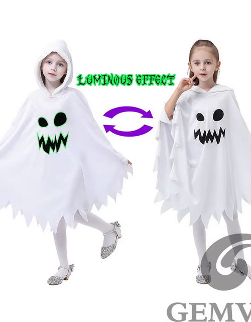 Load image into Gallery viewer, Halloween White Ghost Costume for Girls Glow in the Dark Cloak with Hood Children Elf Cosplay Cape for Party
