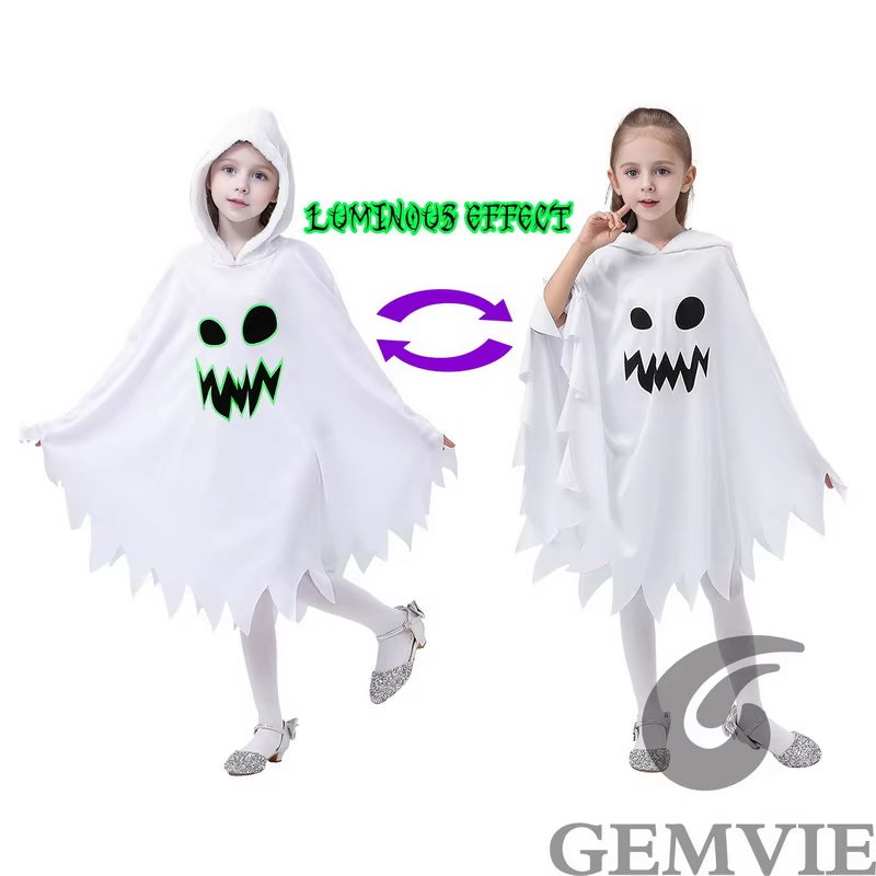 Halloween White Ghost Costume for Girls Glow in the Dark Cloak with Hood Children Elf Cosplay Cape for Party