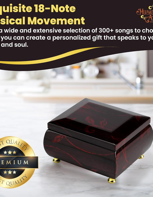 Load image into Gallery viewer, Stunning Burgundy Beveled Top Music Jewelry Box with Artistic Floral Motif- Many Songs to Choose
