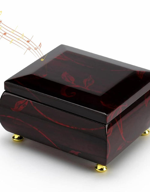 Load image into Gallery viewer, Stunning Burgundy Beveled Top Music Jewelry Box with Artistic Floral Motif- Many Songs to Choose
