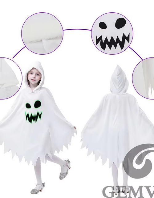 Load image into Gallery viewer, Halloween White Ghost Costume for Girls Glow in the Dark Cloak with Hood Children Elf Cosplay Cape for Party
