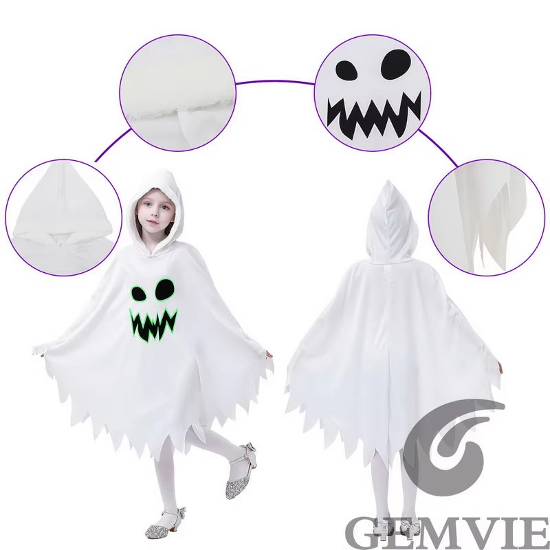 Halloween White Ghost Costume for Girls Glow in the Dark Cloak with Hood Children Elf Cosplay Cape for Party