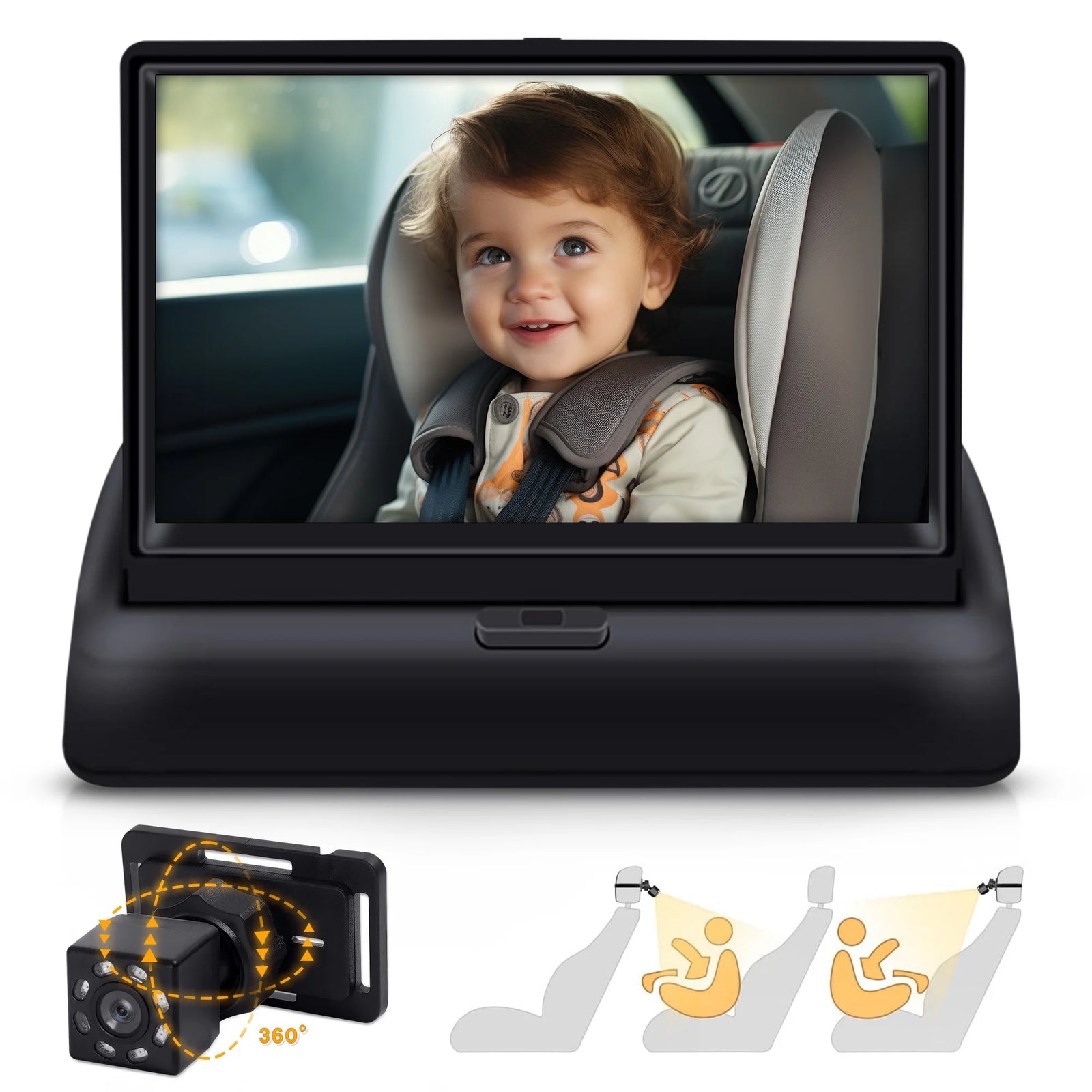 Baby Car Camera,  4.3'' HD Night Vision Function Car Mirror Display, 360° Adjustable Safety Car Seat Mirror Camera Monitored Mirror with Wide Clear View, Easily Observe Baby’S Move