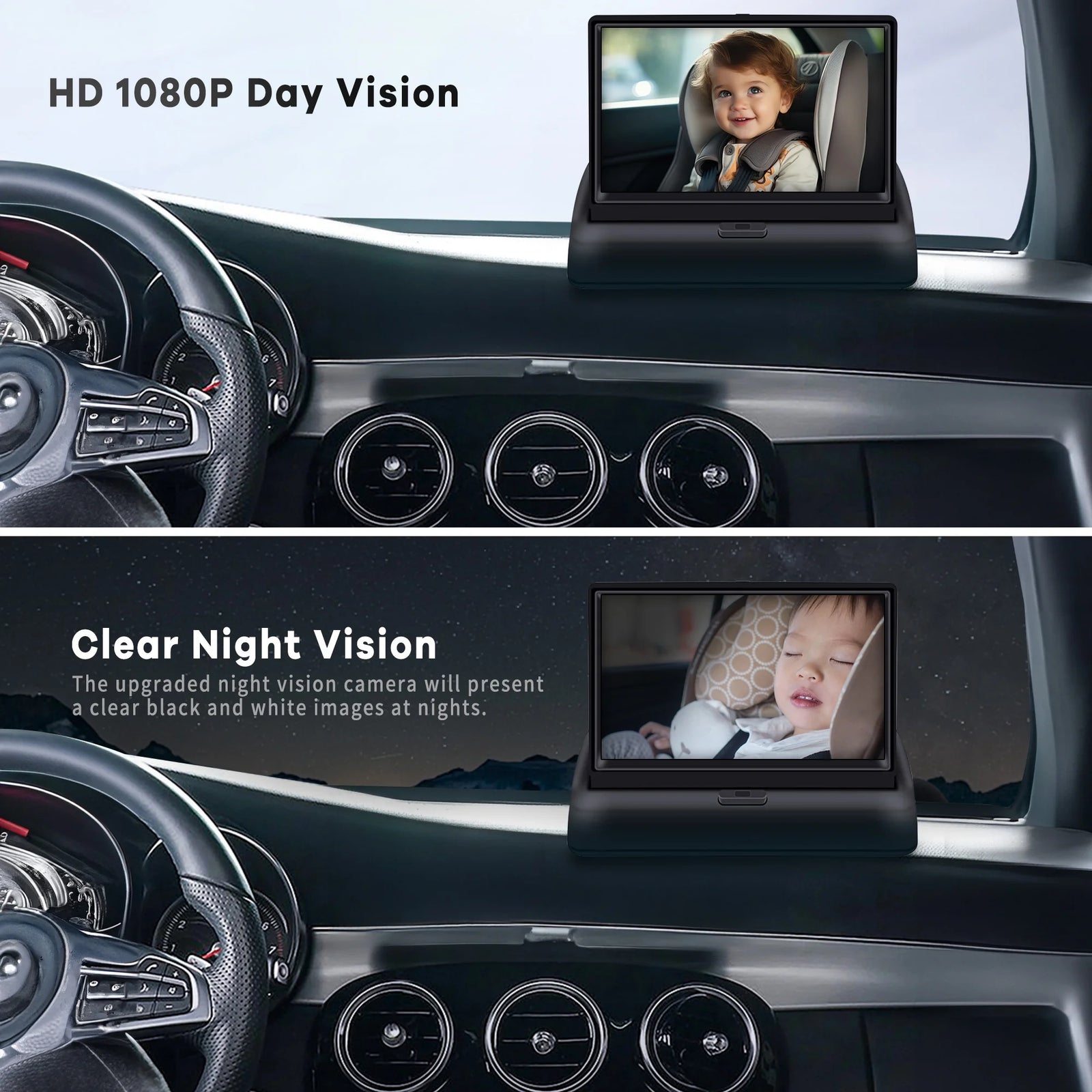 Baby Car Camera,  4.3'' HD Night Vision Function Car Mirror Display, 360° Adjustable Safety Car Seat Mirror Camera Monitored Mirror with Wide Clear View, Easily Observe Baby’S Move