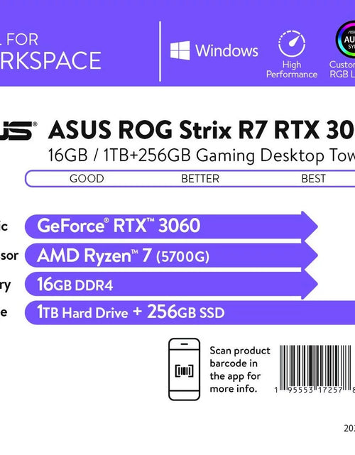 Load image into Gallery viewer, ROG Strix Gaming Desktops, AMD Ryzen 7 5700G, 16GB RAM, NVIDIA Geforce RTX 3060 12GB, 1TB HD &amp; 256GB SSD, Windows 10, Gray, G10DK-WB764
